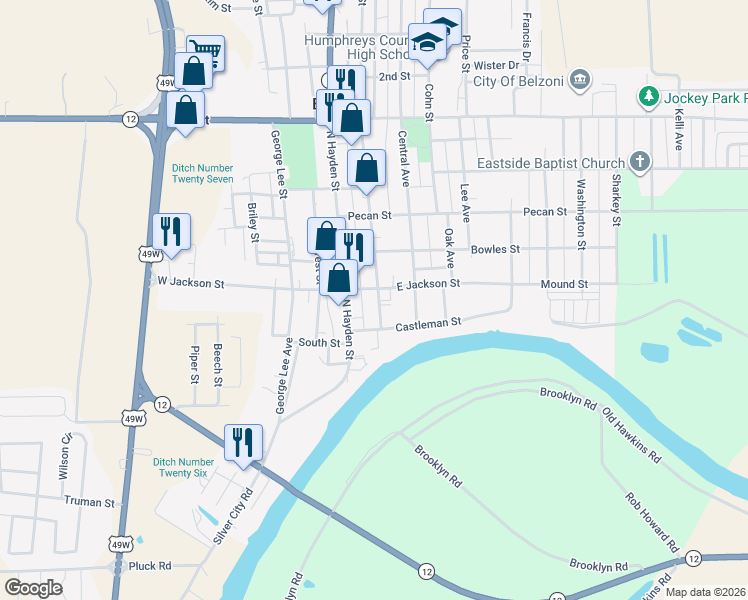 map of restaurants, bars, coffee shops, grocery stores, and more near 103 Church Street in Belzoni
