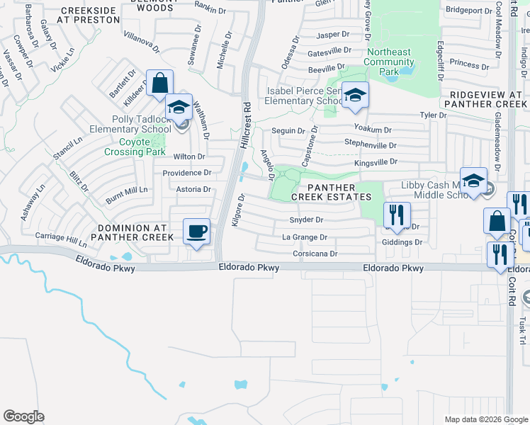 map of restaurants, bars, coffee shops, grocery stores, and more near 11137 Snyder Drive in Frisco
