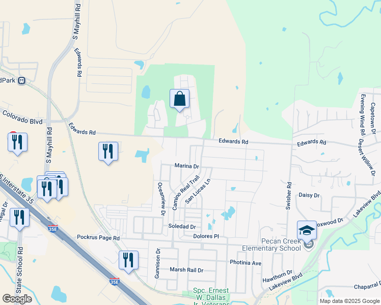 map of restaurants, bars, coffee shops, grocery stores, and more near Peninsula Trail in Denton