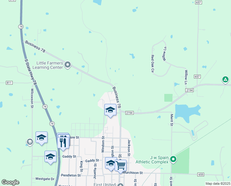 map of restaurants, bars, coffee shops, grocery stores, and more near 983 Main Street in Farmersville