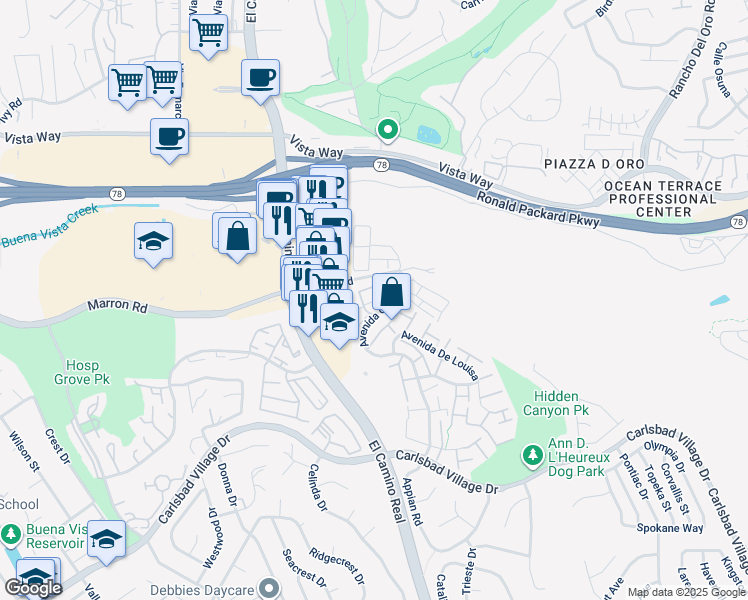 map of restaurants, bars, coffee shops, grocery stores, and more near 2707 Avenida de Anita in Carlsbad