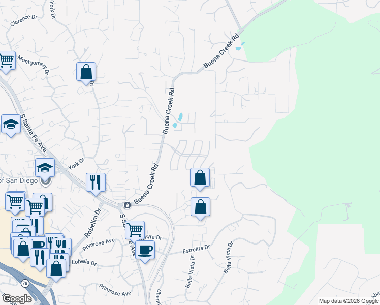 map of restaurants, bars, coffee shops, grocery stores, and more near 2405 Golden Yarro Road in Vista