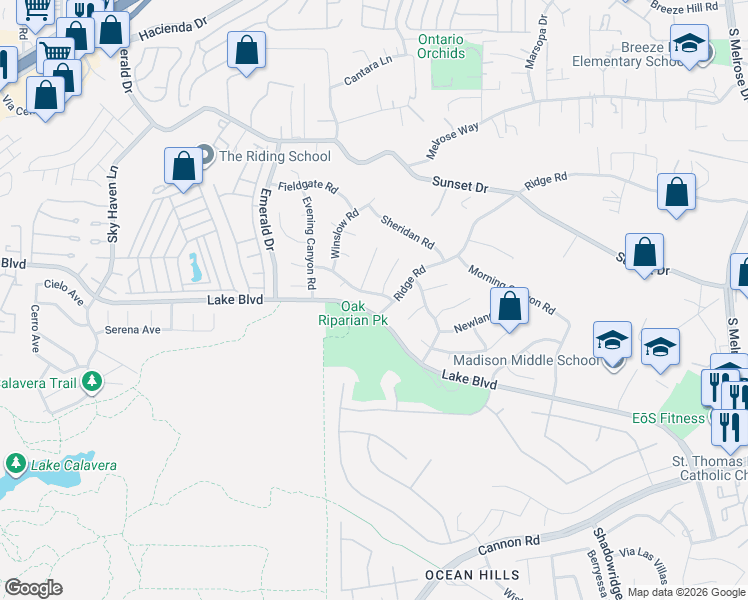 map of restaurants, bars, coffee shops, grocery stores, and more near 3599 Ridge Road in Oceanside