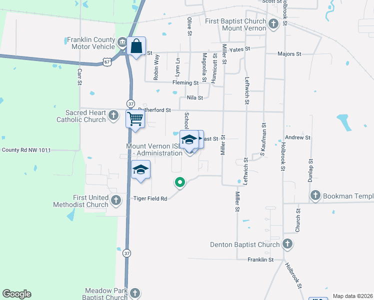 map of restaurants, bars, coffee shops, grocery stores, and more near 501 Texas 37 in Mount Vernon