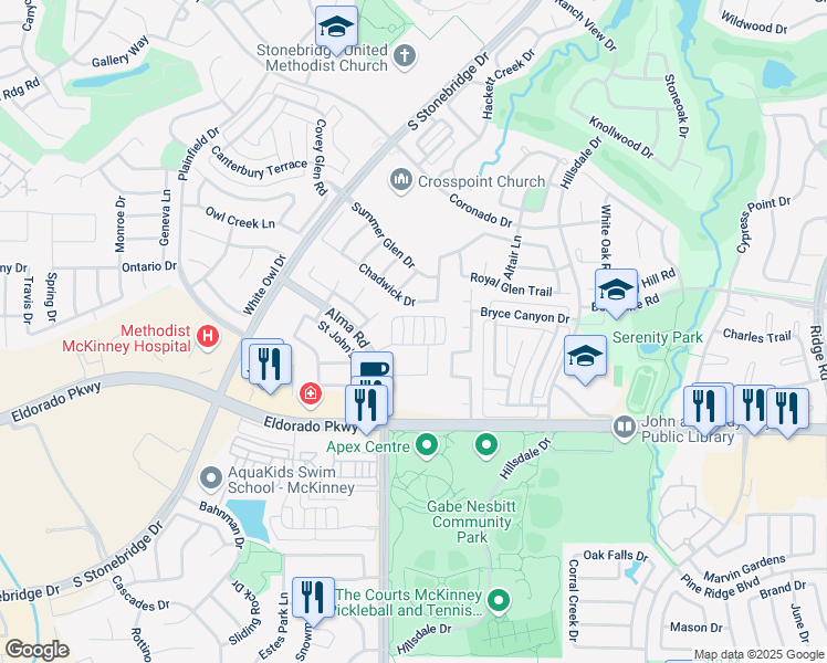 map of restaurants, bars, coffee shops, grocery stores, and more near 2551 Alma Road in McKinney