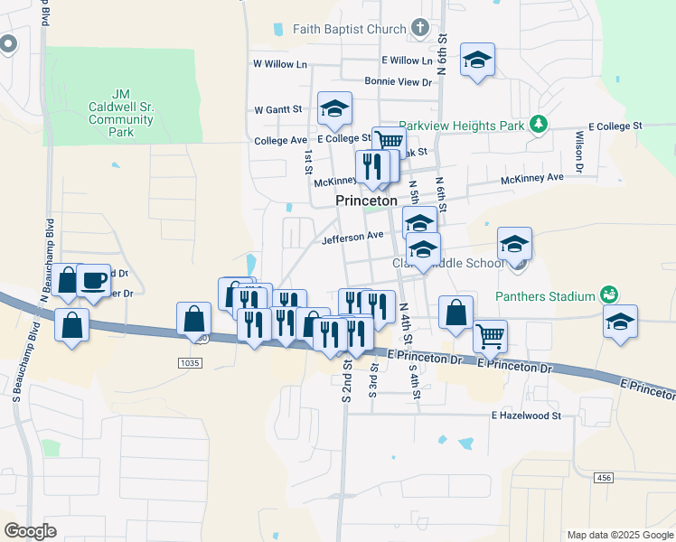 map of restaurants, bars, coffee shops, grocery stores, and more near 308 North 2nd Street in Princeton