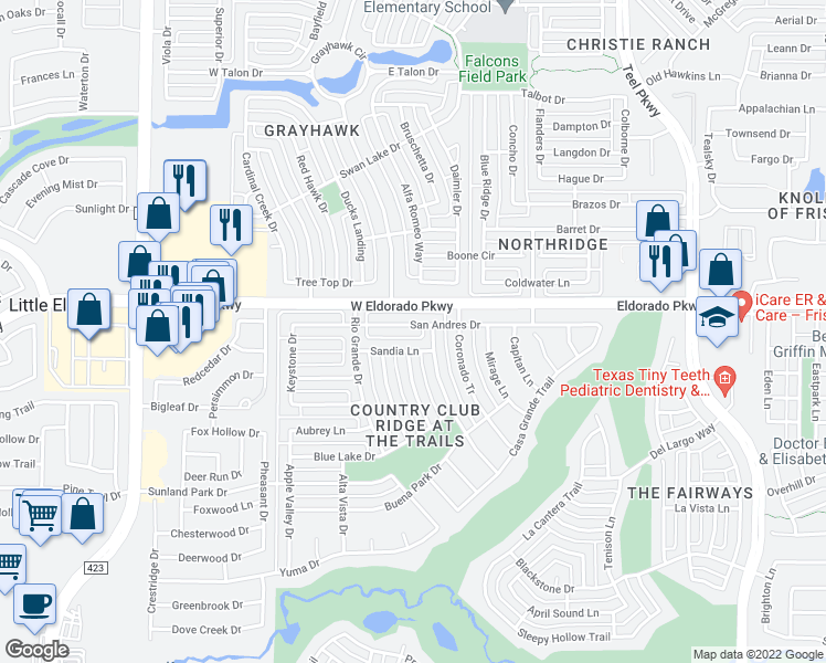 map of restaurants, bars, coffee shops, grocery stores, and more near 1639 San Andres Drive in Frisco