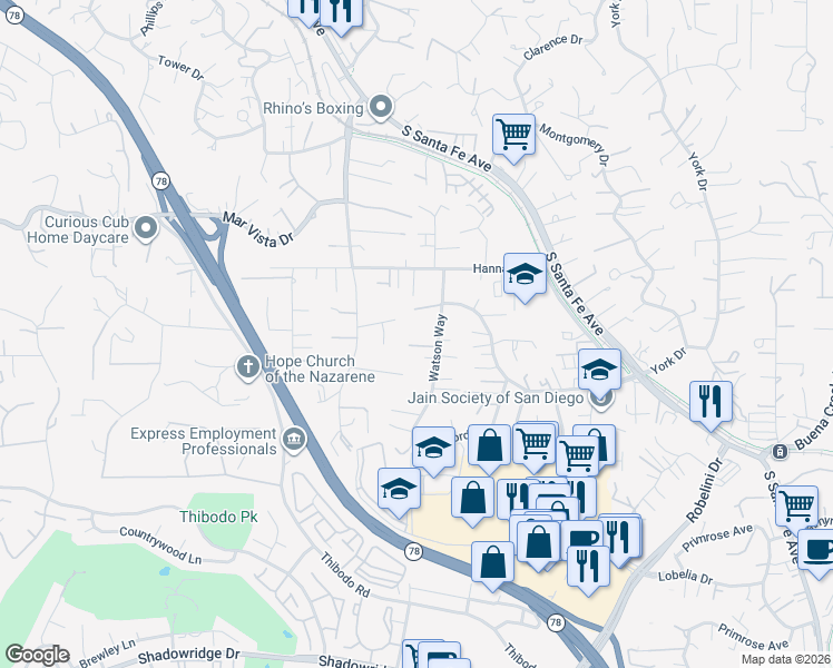 map of restaurants, bars, coffee shops, grocery stores, and more near 1683 Watson Way in Vista