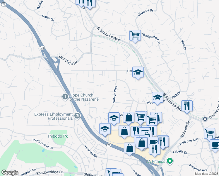 map of restaurants, bars, coffee shops, grocery stores, and more near 1683 Watson Way in Vista