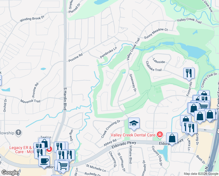 map of restaurants, bars, coffee shops, grocery stores, and more near 2737 Brookside Lane in McKinney