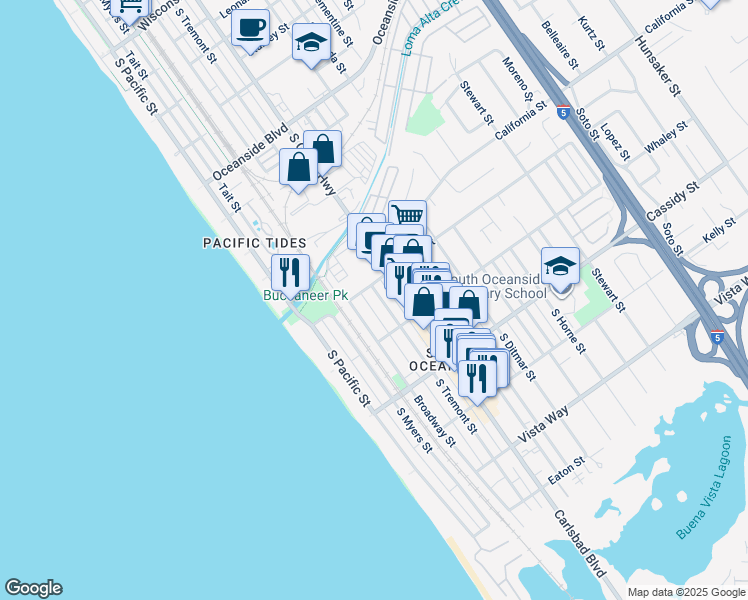map of restaurants, bars, coffee shops, grocery stores, and more near 1611 South Tremont Street in Oceanside