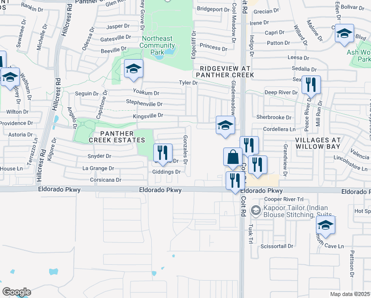map of restaurants, bars, coffee shops, grocery stores, and more near 12098 Big Springs Drive in Frisco