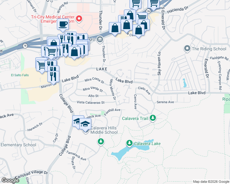 map of restaurants, bars, coffee shops, grocery stores, and more near 3655 Harbor View Way in Oceanside