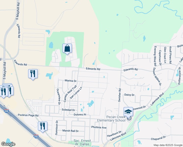 map of restaurants, bars, coffee shops, grocery stores, and more near 5513 Wharfside Place in Denton