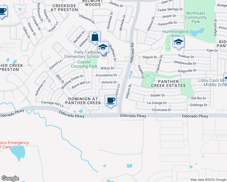 map of restaurants, bars, coffee shops, grocery stores, and more near 13007 Lineberry Lane in Frisco