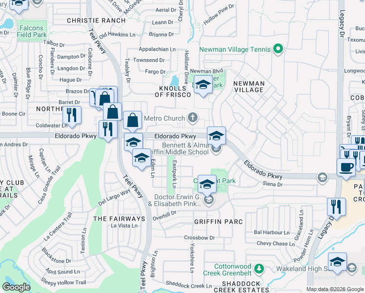 map of restaurants, bars, coffee shops, grocery stores, and more near 3296 Adirondack Lane in Frisco