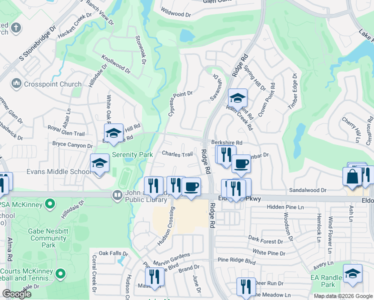 map of restaurants, bars, coffee shops, grocery stores, and more near 6417 Charles Trail in McKinney