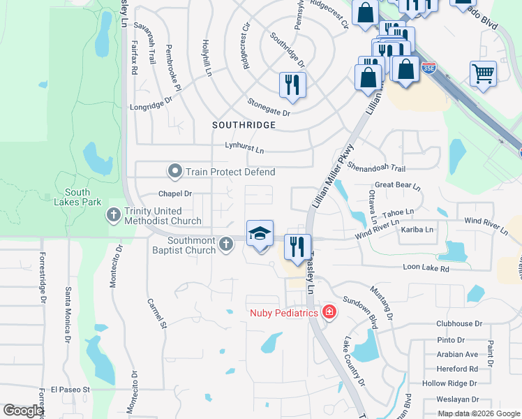 map of restaurants, bars, coffee shops, grocery stores, and more near 712 Smokerise Circle in Denton