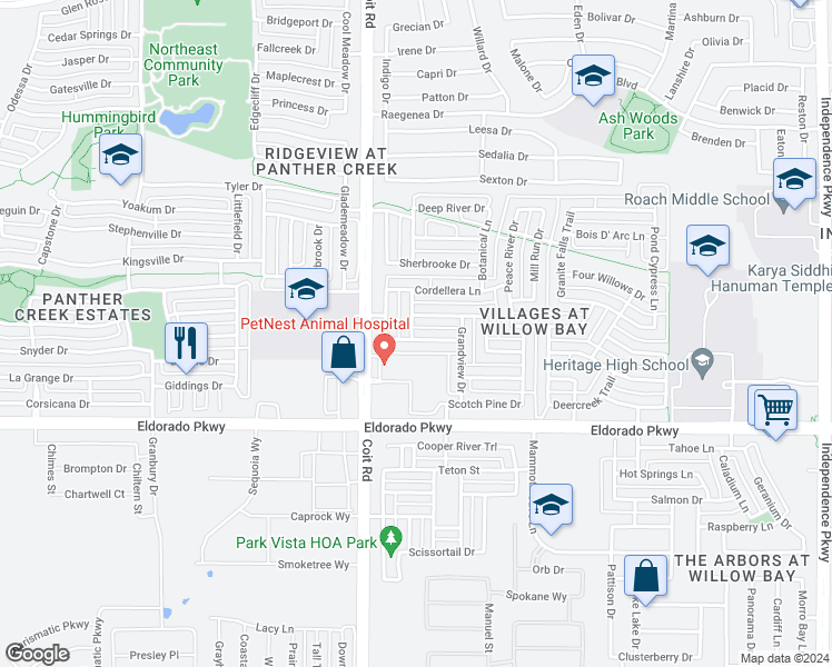 map of restaurants, bars, coffee shops, grocery stores, and more near 12912 Preserve Lane in Frisco