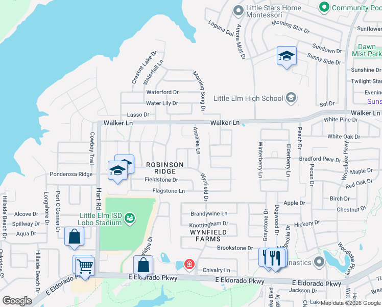 map of restaurants, bars, coffee shops, grocery stores, and more near 2608 Shorecrest Drive in Little Elm