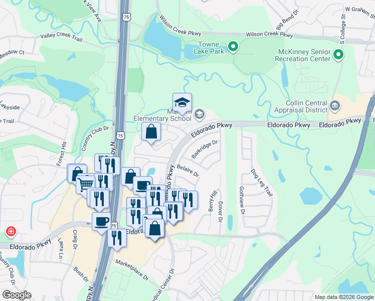 map of restaurants, bars, coffee shops, grocery stores, and more near 1035 Ridgecrest Drive in McKinney