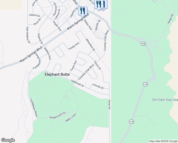 map of restaurants, bars, coffee shops, grocery stores, and more near Quebec Loop in Elephant Butte