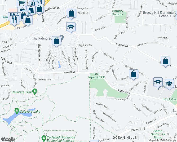 map of restaurants, bars, coffee shops, grocery stores, and more near 3598 Evening Canyon Road in Oceanside