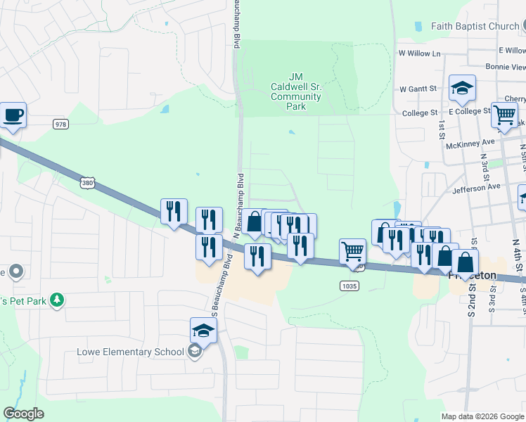 map of restaurants, bars, coffee shops, grocery stores, and more near 707 Creekview Drive in Princeton
