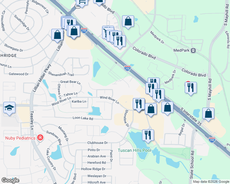 map of restaurants, bars, coffee shops, grocery stores, and more near 2709 Wind River Lane in Denton