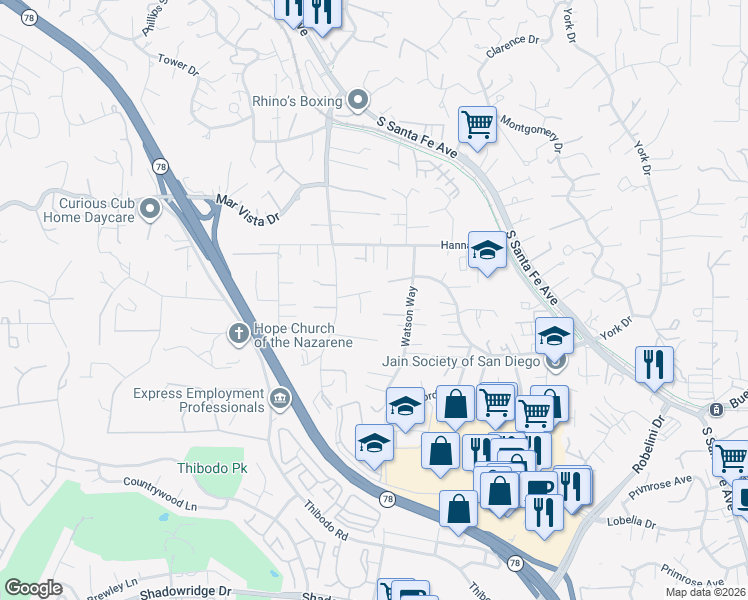 map of restaurants, bars, coffee shops, grocery stores, and more near 1721 Watson Way in Vista