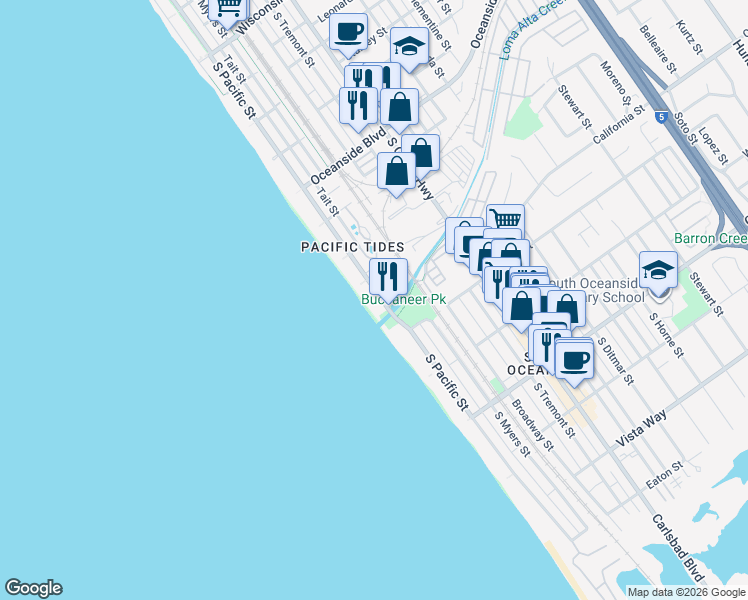 map of restaurants, bars, coffee shops, grocery stores, and more near 1506 South Pacific Street in Oceanside
