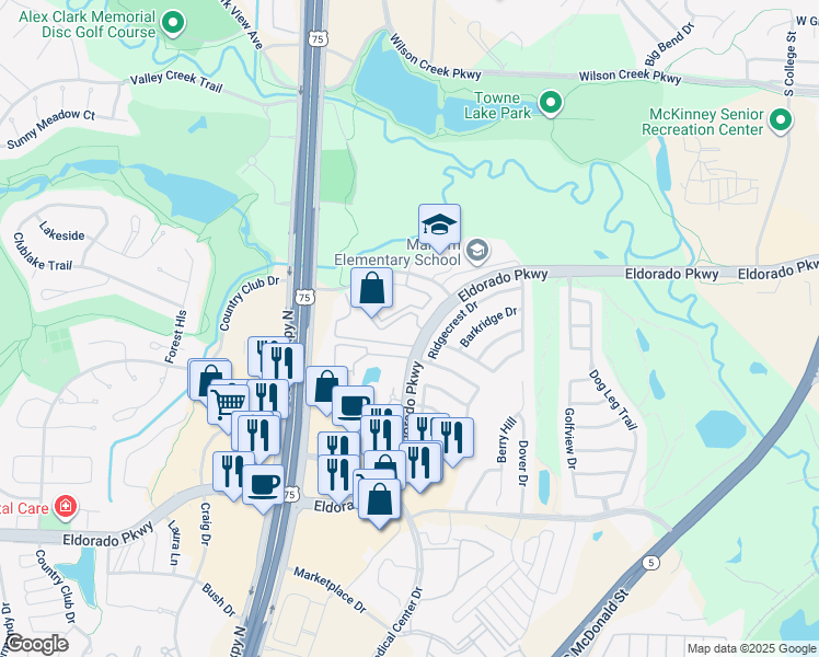 map of restaurants, bars, coffee shops, grocery stores, and more near 1300 Eldorado Parkway in McKinney