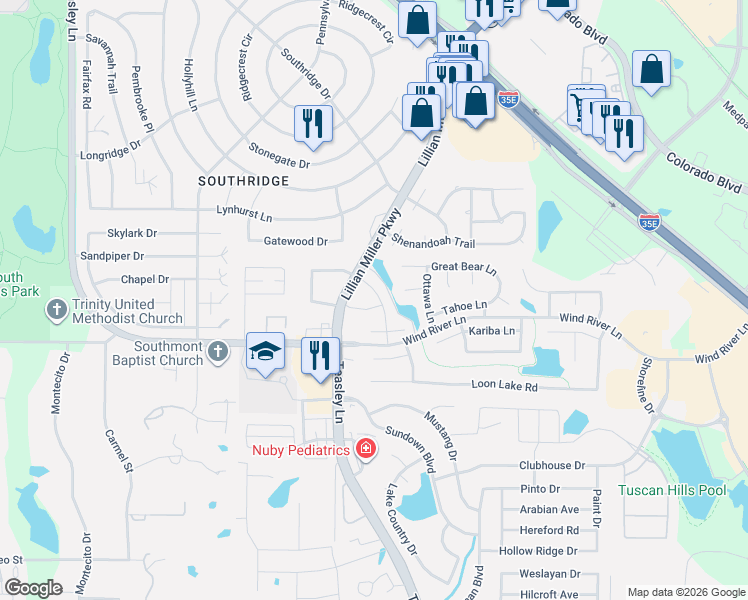 map of restaurants, bars, coffee shops, grocery stores, and more near 2008 Whitefish Court in Denton