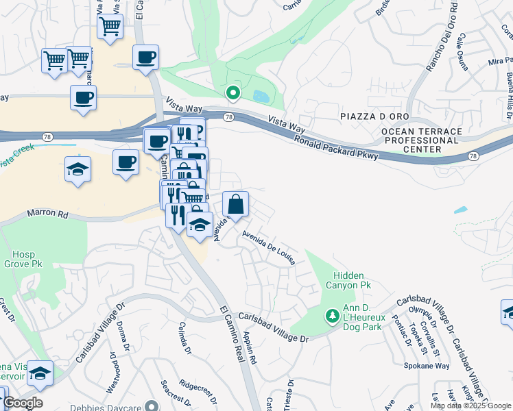 map of restaurants, bars, coffee shops, grocery stores, and more near 2666 Flower Fields Way in Carlsbad