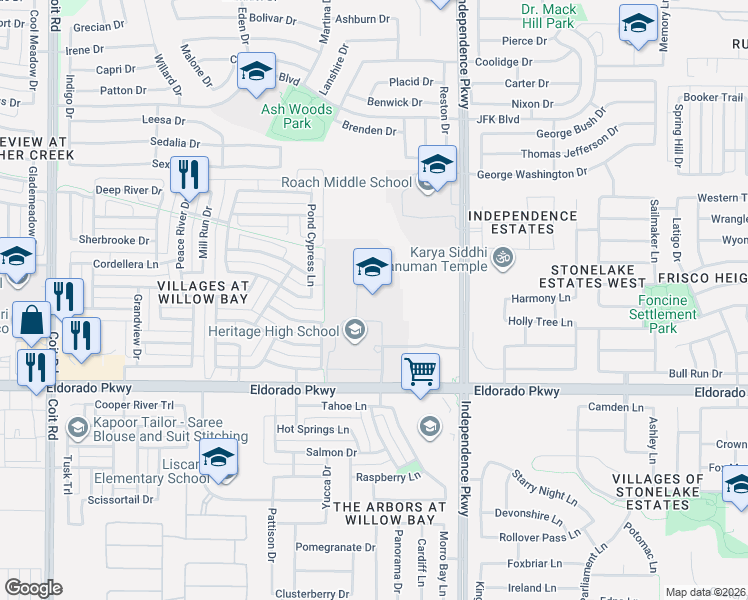 map of restaurants, bars, coffee shops, grocery stores, and more near 14040 Eldorado Parkway in Frisco