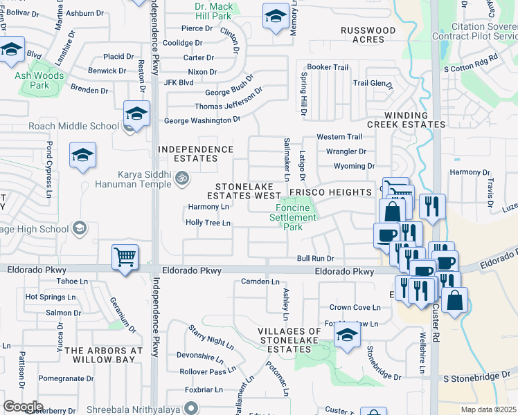 map of restaurants, bars, coffee shops, grocery stores, and more near 15073 Brooks Lane in Frisco