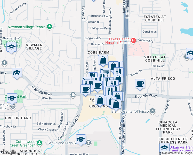 map of restaurants, bars, coffee shops, grocery stores, and more near 4873 Jadi Lane in Frisco