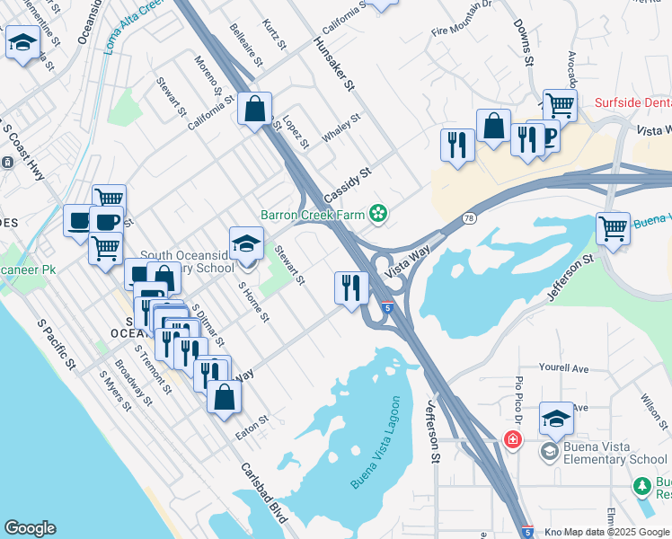 map of restaurants, bars, coffee shops, grocery stores, and more near 1916 South Moreno Street in Oceanside