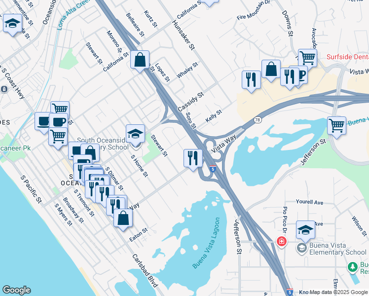 map of restaurants, bars, coffee shops, grocery stores, and more near 1916 South Moreno Street in Oceanside