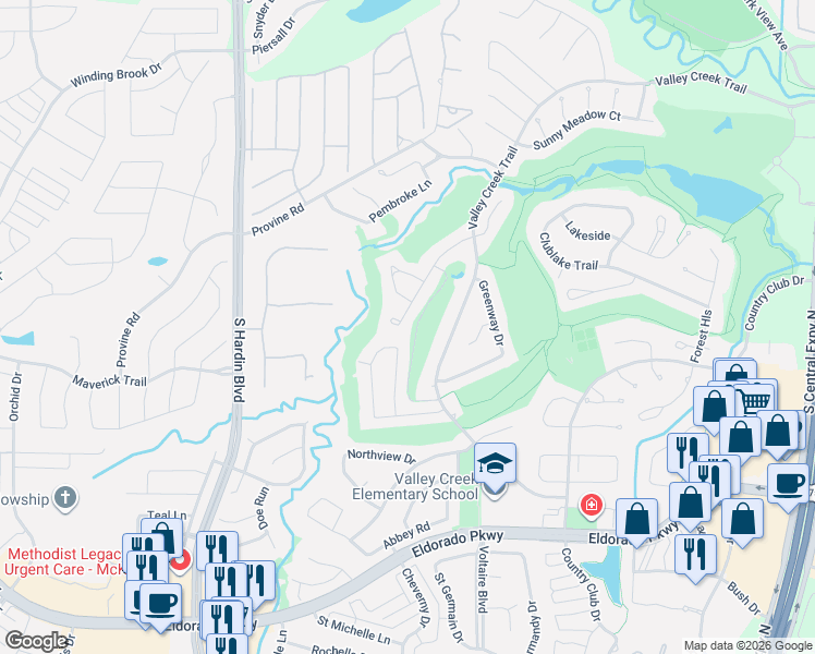 map of restaurants, bars, coffee shops, grocery stores, and more near 2915 Sunset Ridge in McKinney