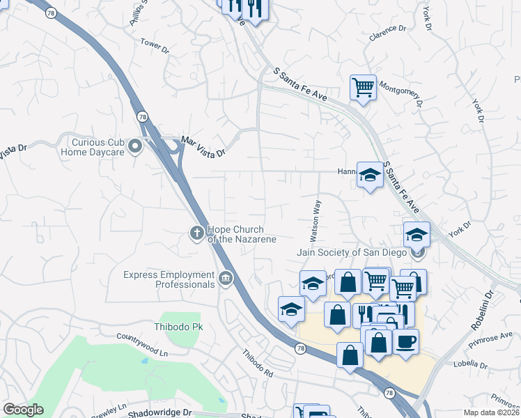 map of restaurants, bars, coffee shops, grocery stores, and more near 1701 Avocado Drive in Vista