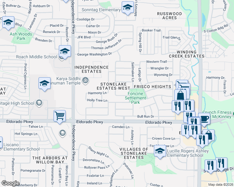 map of restaurants, bars, coffee shops, grocery stores, and more near 15073 Brooks Lane in Frisco