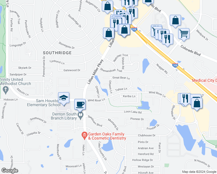 map of restaurants, bars, coffee shops, grocery stores, and more near 3104 Ottawa Lane in Denton