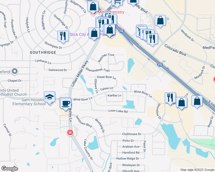 map of restaurants, bars, coffee shops, grocery stores, and more near 2409 Tahoe Lane in Denton