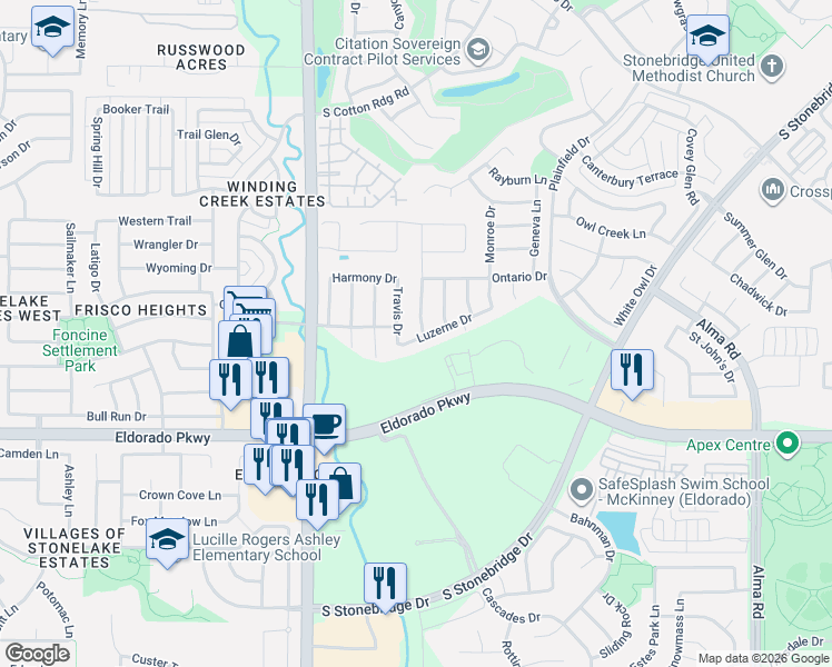 map of restaurants, bars, coffee shops, grocery stores, and more near 8621 Luzerne Drive in McKinney