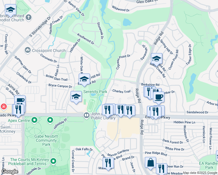 map of restaurants, bars, coffee shops, grocery stores, and more near 2504 Cypress Point Drive in McKinney