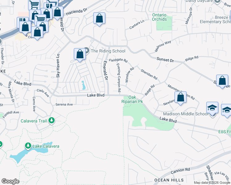 map of restaurants, bars, coffee shops, grocery stores, and more near 3598 Evening Canyon Road in Oceanside
