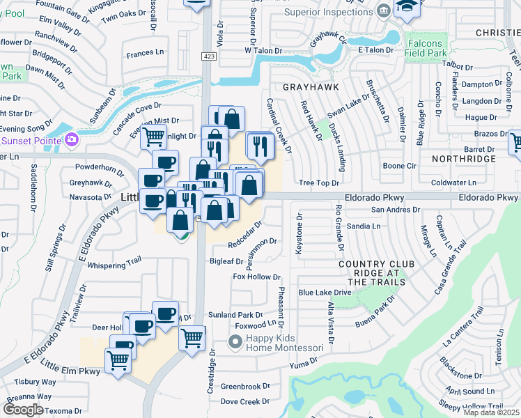 map of restaurants, bars, coffee shops, grocery stores, and more near 2693 Redcedar Drive in Little Elm