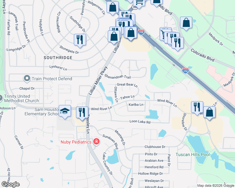 map of restaurants, bars, coffee shops, grocery stores, and more near 2308 Tahoe Lane in Denton