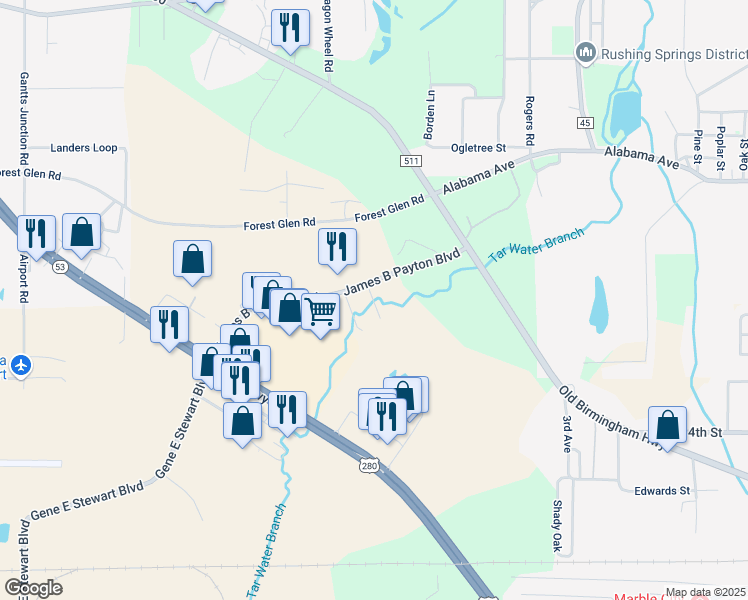 map of restaurants, bars, coffee shops, grocery stores, and more near 101 South Nashville Avenue in Sylacauga